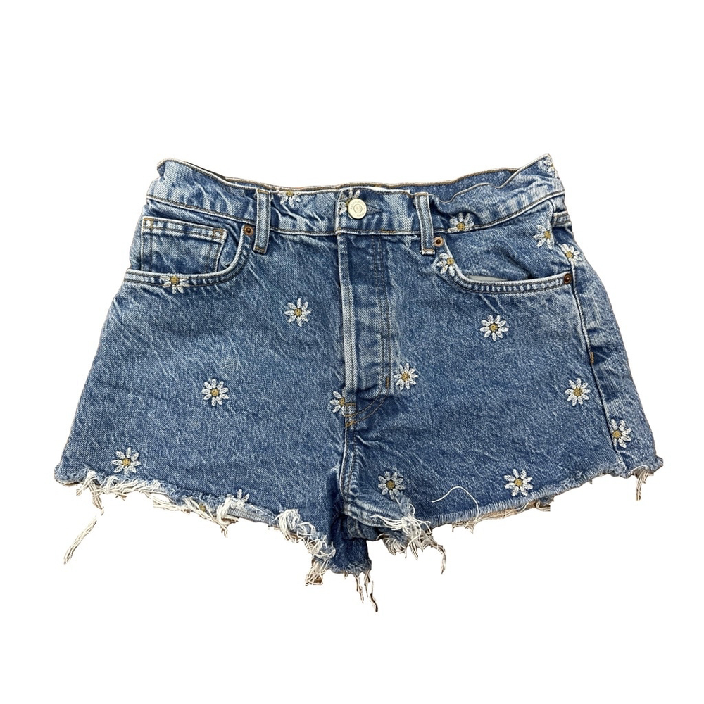 Reformation Blue Jean Shorts with White Floral Embroidery